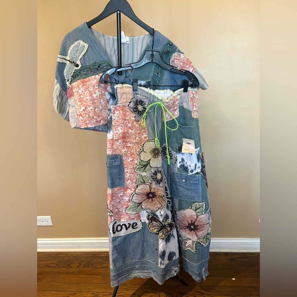 Custom made Boho Patchwork Floral women’s pants set with Neon Drawstring